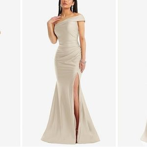 The Dessy Group champagne, satin stretch, bridesmaids dress